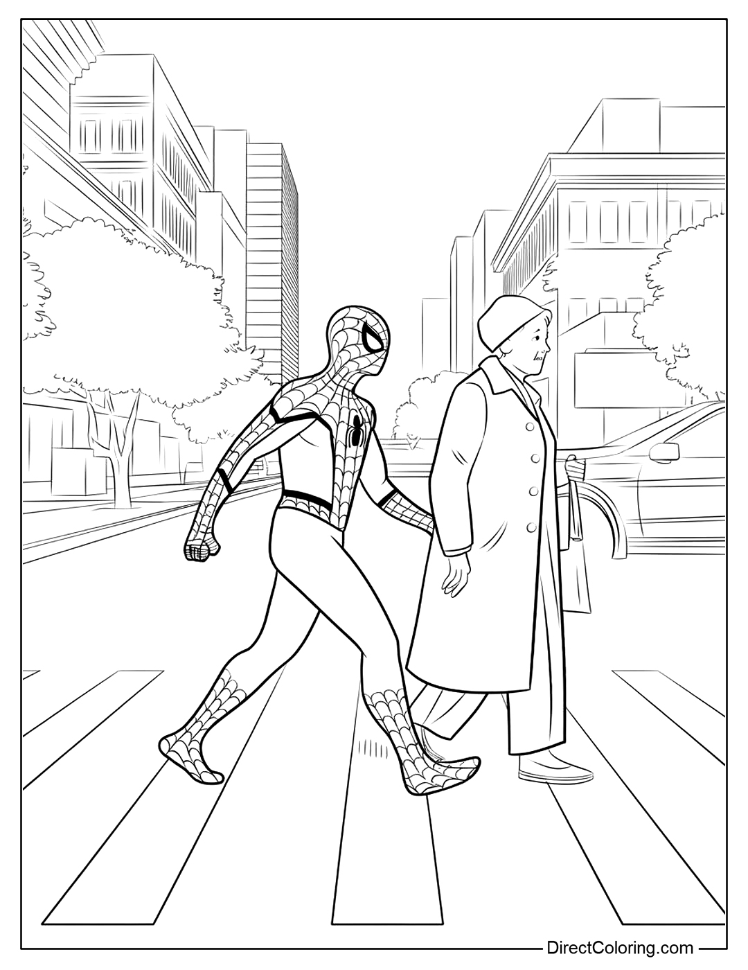Spider-Man Helping an Old Lady Cross the Street Coloring